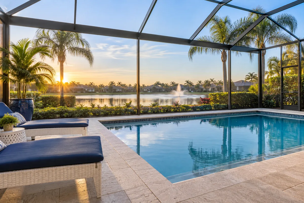 Screened lanai with a pool and a lake view at sunrise in Southwest Florida