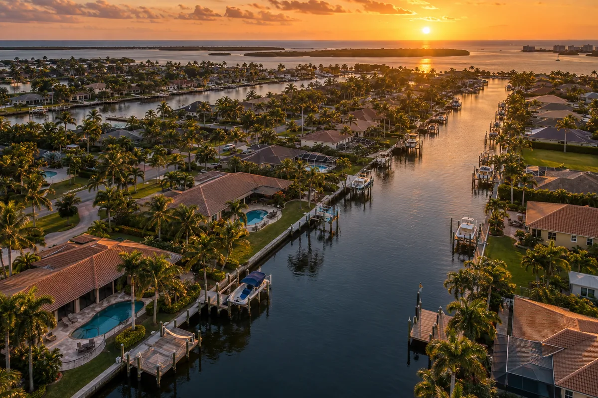 Aerial view of a canal-front neighborhood with boat docks at sunset in Southwest Florida